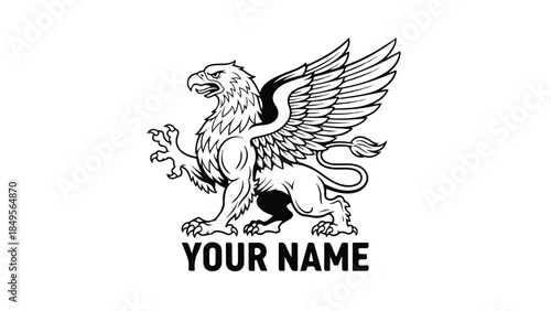 Majestic Griffin Heraldic Creature Black and White Illustration.