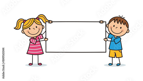Two children holding a blank sign for educational or presentation purposes
