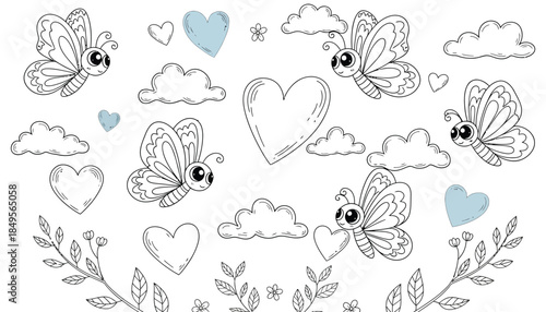 Whimsical illustration of butterflies hearts and clouds on white background