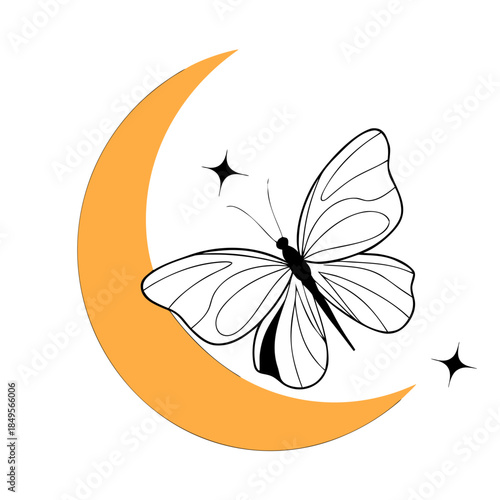 Butterfly illustration in black and white gracefully perched on a crescent moon, surrounded by twinkling stars, conveying a sense of tranquility and wonder in a whimsical design