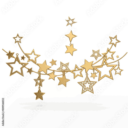 A festive garland of golden stars of various sizes, some adorned with glitter, suspended on delicate chains against a white background.