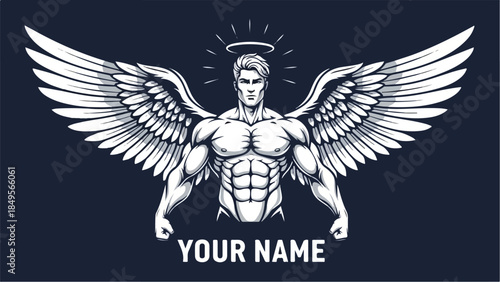 Muscular Angel with Halo and Wings Vector Illustration.