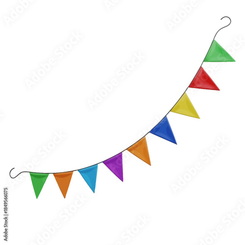 A colorful string of triangular pennant flags in various bright colors, strung together for decoration.