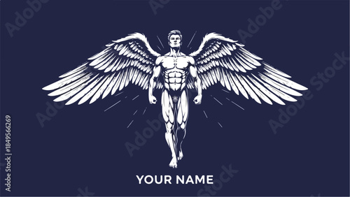 Muscular Angel with Spread Wings on a Dark Background.