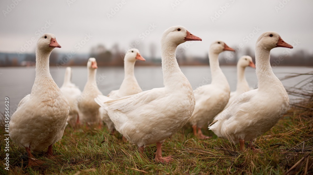 Obraz premium Flock of White Geese Gather by Lakeside: Captivating Wildlife Scene in Natural Habitat