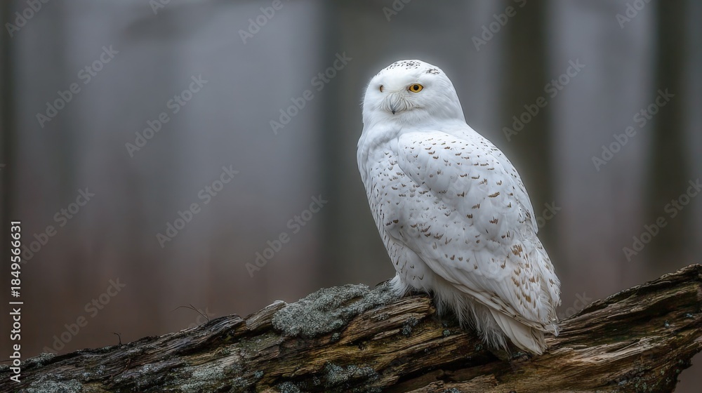 Fototapeta premium Majestic Snowy Owl Perched on a Branch, Captivating Gaze in a Natural Habitat