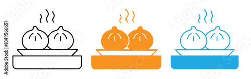Dumpling icon design. Dumpling silhouette Icon. Dumpling vector. Steaming dumplings in three color variations for culinary designs. 