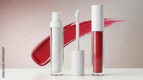 Sleek, minimalist transparent glass tubes containing vibrant crimson liquid lipstick with a white applicator wand, artfully arranged alongside a bold, sweeping brushstroke of the same color on a