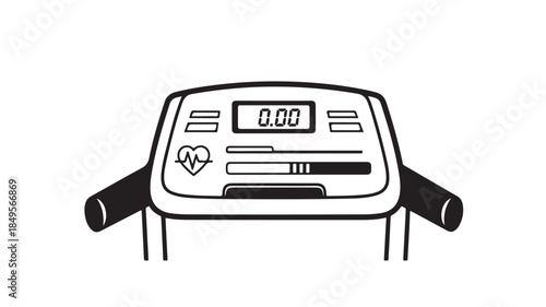 Treadmill control panel in simple line art style with black and white color scheme on plain background for fitness equipment illustration