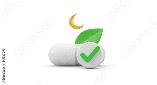 Natural sleep aid supplement capsule with green leaf and golden moon icon. Herbal remedy for healthy nighttime rest and wellness.