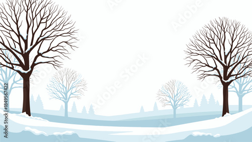 Serene winter landscape with snow-covered ground and bare trees in a minimalist, icy blue and white color palette, set against a flat, smooth background.
