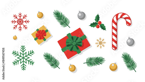 Flat lay composition of Christmas decorations including gifts, candy cane, and festive foliage on a white background with a joyful and celebratory mood.