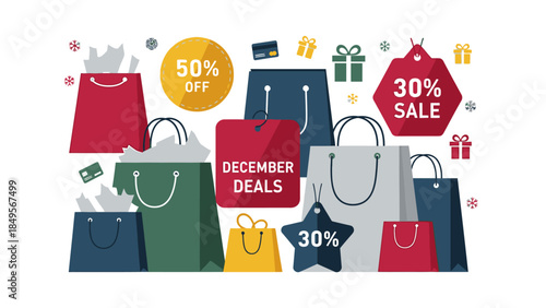A colorful flat lay of shopping bags and sale signs with a December Deals theme against a clean white background.