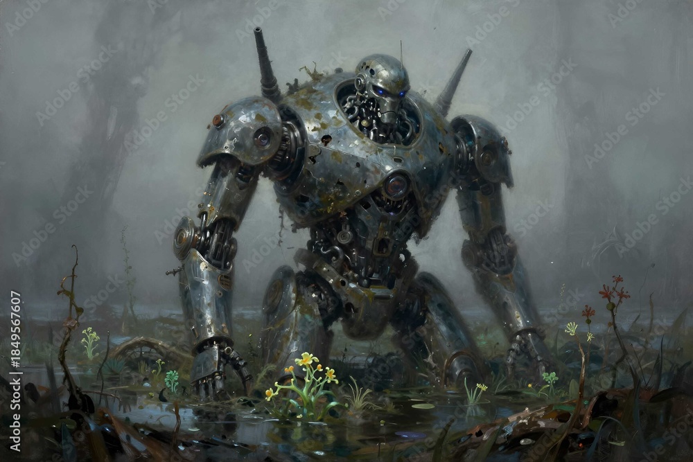 Fototapeta premium Ancient rusty robot standing abandoned in a foggy overgrown jungle