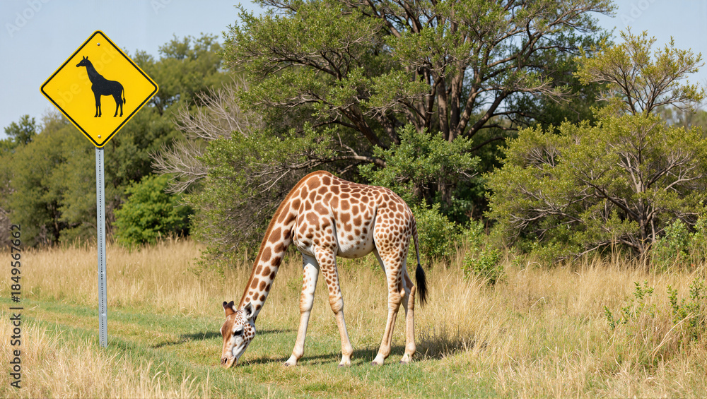 Fototapeta premium Giraffe grazing near road sign in natural environment for World Wildlife Day