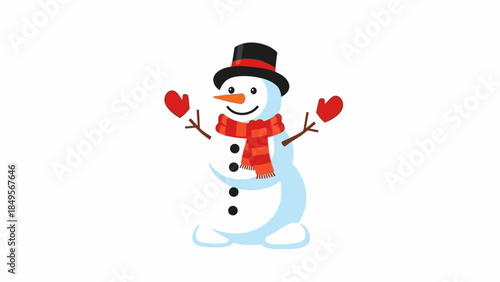 A cheerful snowman wearing a black top hat and red scarf holds up two red hearts on a plain white background with a joyful and festive mood.
