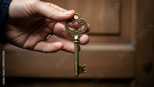 Hand holding antique key in front of door.