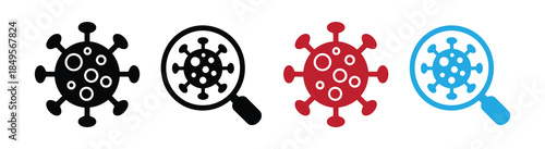 Microbe under a magnifying glass. Virus, germ and magnifier. Virus icons set with magnifying glasses for medical and science use.