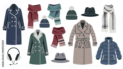 Flat lay illustration of winter clothing and accessories including coats, hats, scarves, and headphones on a clean white background.