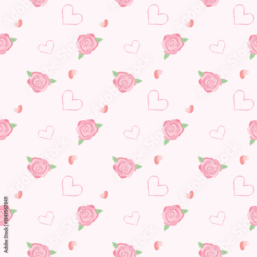 Cute seamless pattern background rose and heart shape hand draw vector illustration. Pink pastel concepts Happy Valentine's day, Hello February, Fabric and surface print texture design.