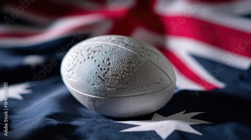 Rugby ball placed on Australian flag with details of the sport and national pride represented