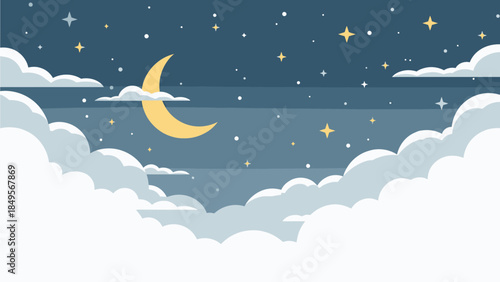 Illustration of a serene night sky with a crescent moon, stars, and fluffy clouds against a dark blue background, conveying a peaceful Desember evening atmosphere.