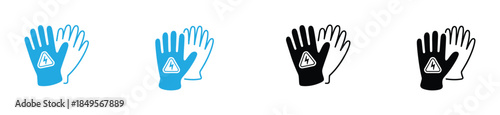 Warning gloves for safety and protection in work environments. Attention be sure to wear rubber gloves. Vector illustration.