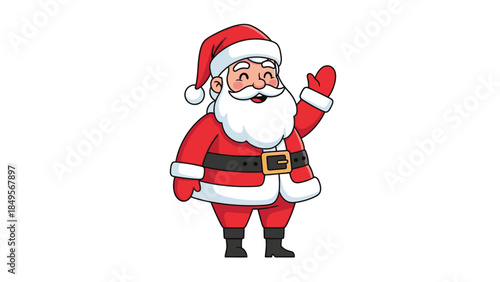 A cheerful cartoon Santa Claus waving in a festive red and white outfit against a clean white background with a joyful and playful mood.