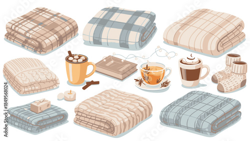 Cozy winter still life with assorted plaid blankets, steaming cups of hot chocolate, and sweet treats on a clean white background.