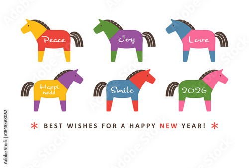 2026年年賀状デザイン　縁起の良い文字と6頭のカラフルな馬