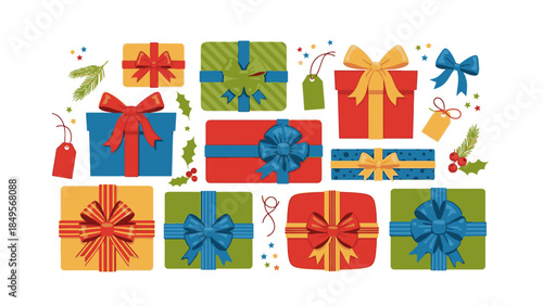 Colorful illustration of wrapped gifts with bows and ribbons, surrounded by Christmas decorations on a white background.