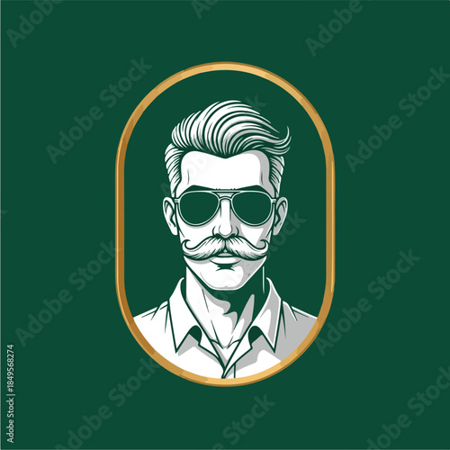 Stylish Man with Moustache and Sunglasses in an Oval Frame.