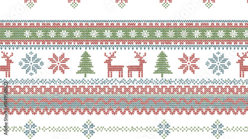 Festive seamless pattern with Christmas-themed motifs including reindeer, snowflakes, and trees in a colorful, woven design on a white background with a holiday cheer mood.