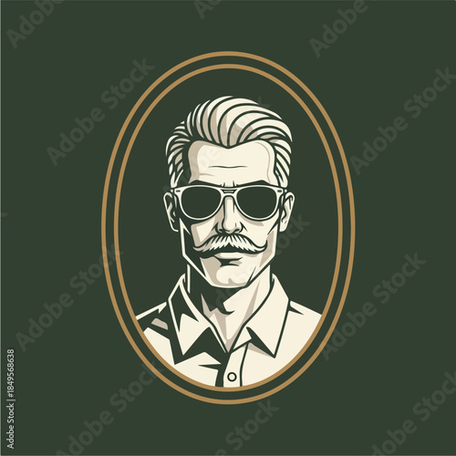 Stylish Man with Sunglasses and Moustache in Oval Frame.
