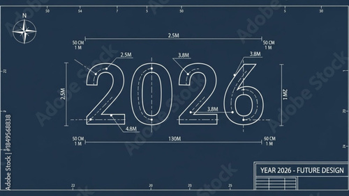 Year 2026 blueprint with technical drawings and dimensions representing future planning and design concepts on a dark blue background