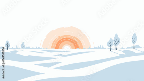 Illustration of a serene winter landscape with snow-covered hills, trees, and a vibrant orange sunset in the background, conveying a peaceful Desember morning atmosphere.