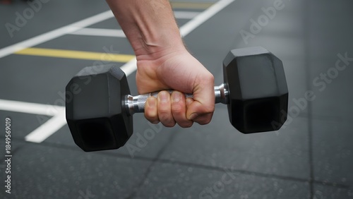 Hand holding dumbbell for workout outdoors.