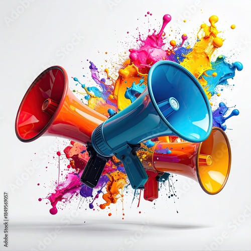 Colorful megaphones amidst vibrant paint splashes