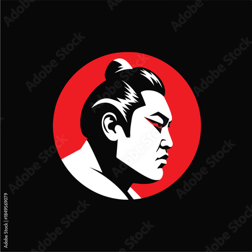 Sumo wrestler profile in a red circle on a black background.