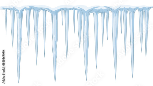 A row of sharp, blue icicles hanging from an invisible surface against a clean white background with a cold and serene mood.