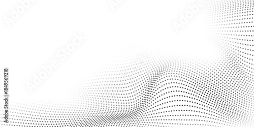 Abstract halftone background with wavy surface made of gray dots on white