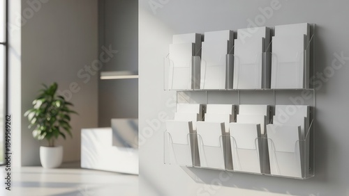 Minimalist, sleek silver wire wall-mounted brochure holders displaying blank white leaflets in a bright, airy modern office reception area with soft natural daylight streaming through a large window,
