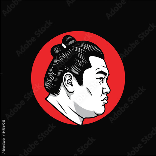 Sumo wrestler profile in a red circle traditional Japanese sport.