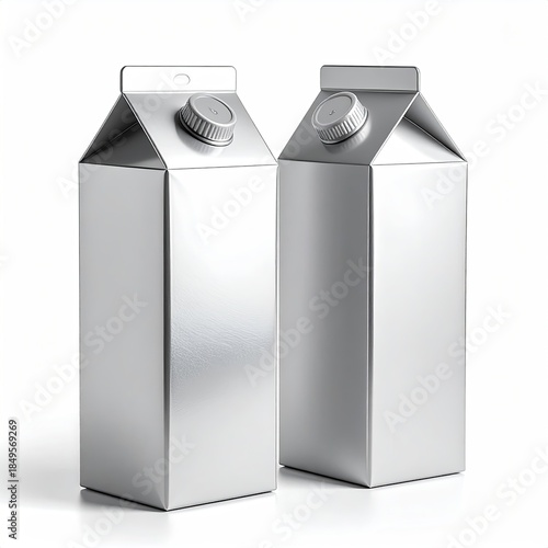 Two silver-colored carton containers, likely for milk or juice, stand side-by-side on a white background.  Each has a hinged lid