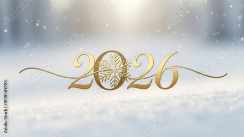 Elegant golden 2026 year text with snowflake detail set against a soft winter bokeh background perfect for New Year celebrations and seasonal greetings