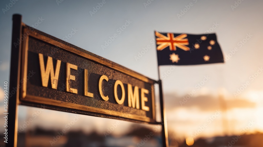 Obraz premium Welcome sign in front of Australian flag at sunset near a busy highway in Australia celebrating local culture and community spirit