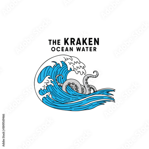 The Kraken Ocean Water logo with a giant octopus tentacle emerging from a blue wave.
