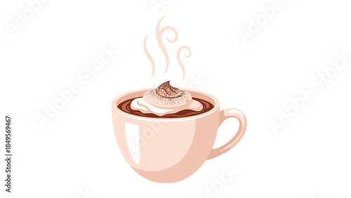 A steaming cup of hot chocolate with whipped cream on top, depicted in a soft, pastel color scheme against a clean white background.