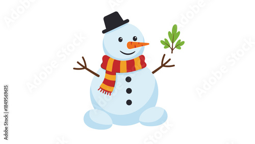 A cheerful snowman wearing a black top hat and colorful scarf holds a leafy branch, set against a clean white background with a playful and festive mood.