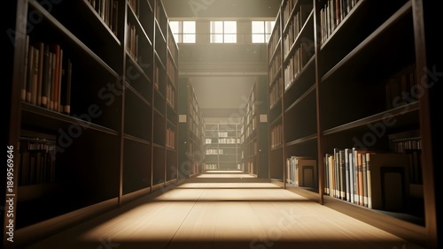 Dimly Lit Library Aisle with Bookshelves.